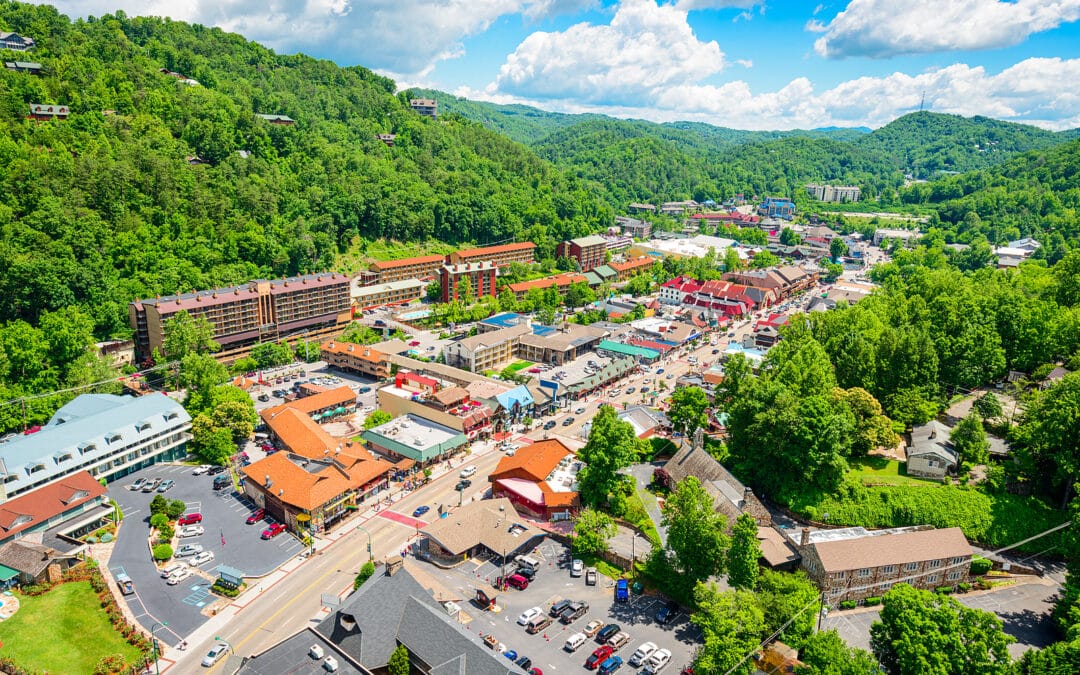 Gatlinburg, Tennessee, USA downtown viewed from above in the sum